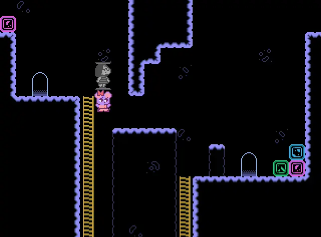A purple mouse in a pink jumpsuit jumps from one platformer to another in a video game. She's carrying a grey statue of a dog in a striped dress. The crevasse she's hopping has two yellow ladders, one on each side. The walls of the cave are purple and bumpy. There is a door on both sides of the cave.